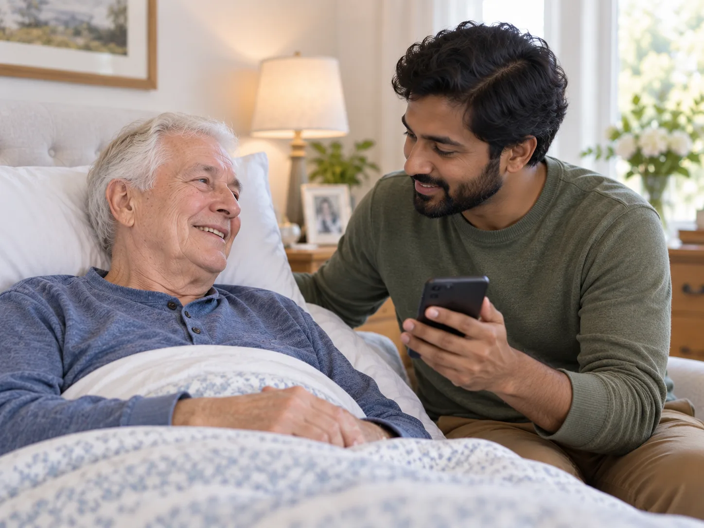 A younger person sharing care information on a phone with an older person resting at home